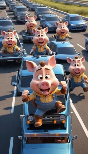 pigs,traffic jam,radiator springs racers,pig's trotters,cartoon car,hogs,traffic jams,barnyard,kachoen,despicable me,traffic queue,sheriff car,suckling pig,car race,roll out,pig roast,car train,car racing,dormobile,woody car,Unique,3D,3D Character