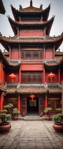 Traditional style architecture, ancient Chinese temple, intricate carvings, ornate roofs, majestic entrance gates, vibrant red walls, golden accents, lanterns hanging from eaves, complex wooden struct