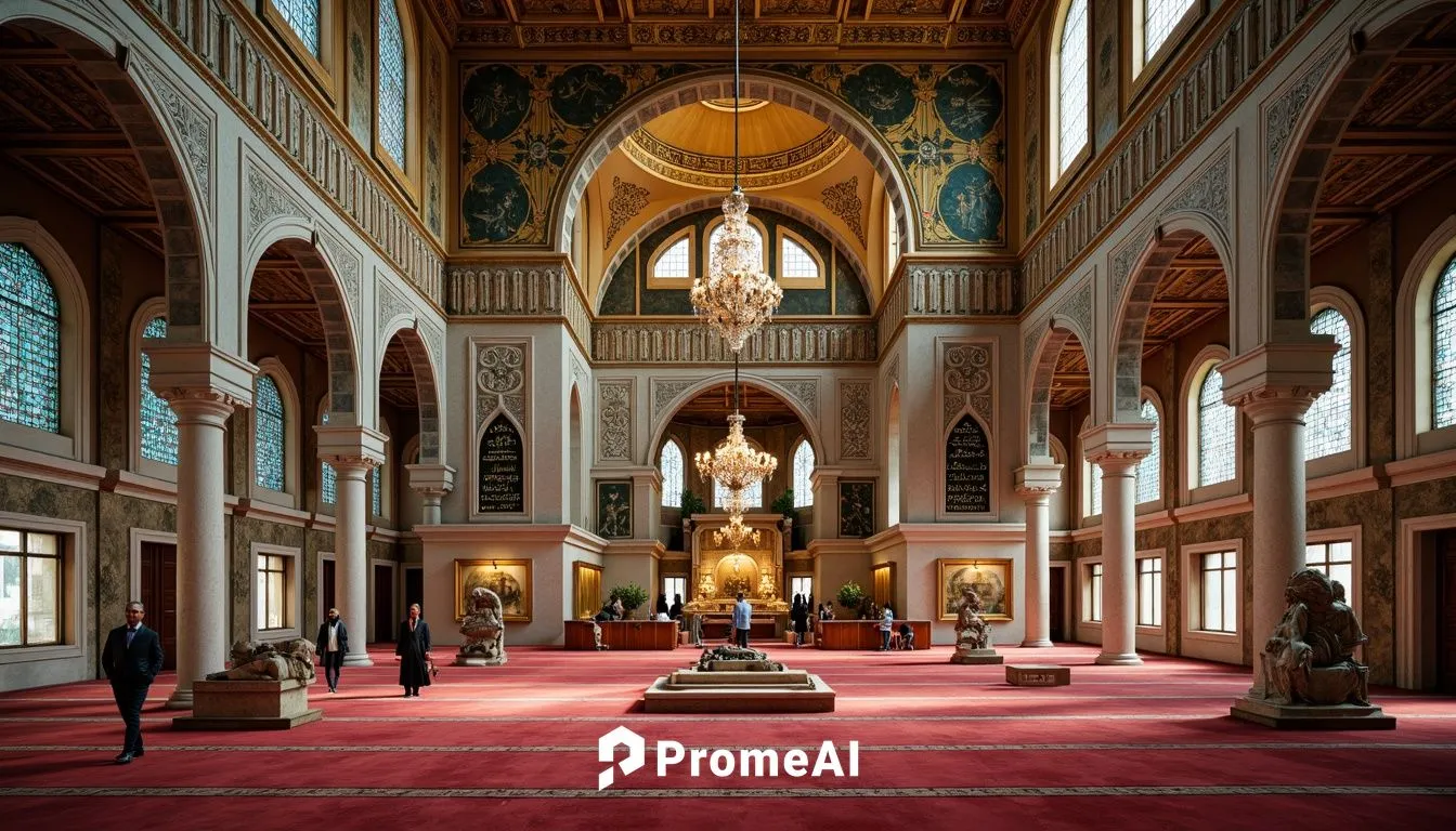 Grand mosque, intricately carved archways, ornate Islamic calligraphy, golden dome, minarets, vibrant turquoise tiles, plush red carpets, grand chandeliers, stained glass windows, intricate stone carv