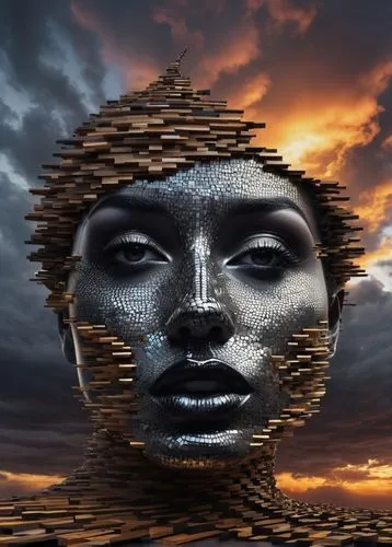 wood and carven fibonaci spiral sunset  in the clouds,, pixelated image,  Transform pixelated videos into high-definition footage. dark and  grey lips, salvador dali dark matter
,fractalius,head woman