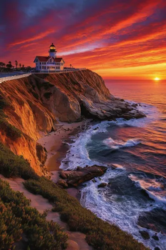 Write a poetic description of a beautiful sunset over the San Diego coastline.,pigeon point,sunset cliffs,lighthouse,old point loma lighthouse,spyglass,red lighthouse,battery point lighthouse,coast su