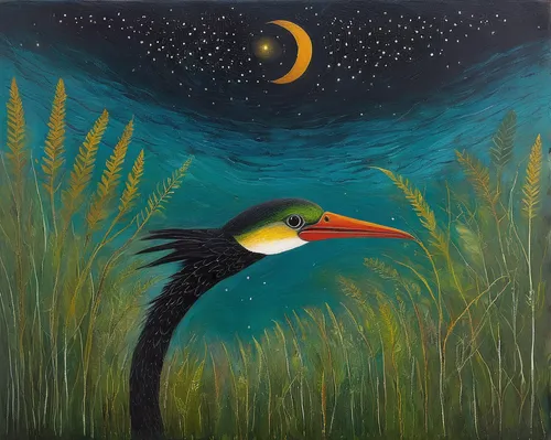 bird painting,cormorant,nocturnal bird,tucan,loon,constellation swan,night bird,swainson tucan,eastern crowned crane,black toucan,great cormorant,toco toucan,red-crowned crane,coastal bird,atala,aquatic bird,carol colman,mourning swan,oil painting on canvas,marsh bird,Illustration,Abstract Fantasy,Abstract Fantasy 15