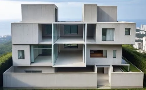  exterior elevation with medium structural changes geometric ,this contemporary residential building has multiple vertical stairs,,habitat 67,cubic house,cube house,kimmelman,cube stilt houses,modern 