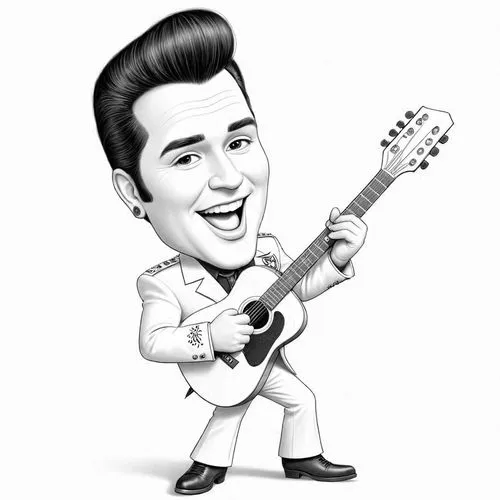 pencil drawing style  Julius Leblanc Stewart Caricature style drawing of a celebrity, big head, small body, exaggerated facial expressions. A 3D animated character resembling Elvis Presley, wearing a 