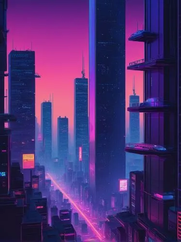 cityscape,colorful city,cyberpunk,evening city,dusk,ultraviolet,metropolis,urban,futuristic landscape,fantasy city,the city,city blocks,city,vapor,futuristic,shinjuku,80's design,skyscrapers,80s,neon,Illustration,American Style,American Style 03