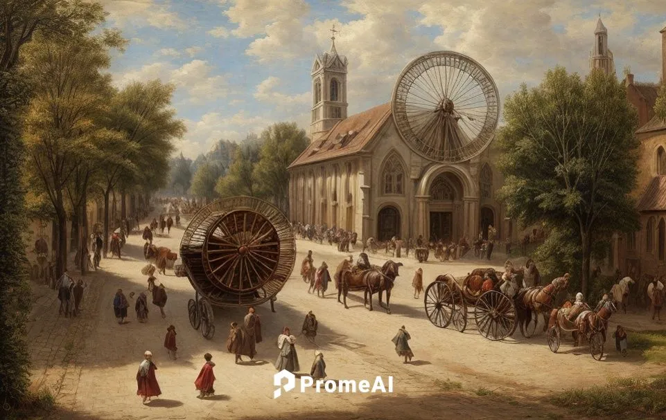 children playing in streets next to church horse drawn buggies,girl with a wheel,delft,saint mark,universal exhibition of paris,the market,church painting,procession,street scene,medieval market,veloc