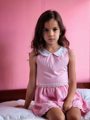 The picture shows a young girl in a pink dress. She is sitting on a bed in a room that is also decorated in pink. The background shows a pink wall and the bed is decorated with white bed linen and pin