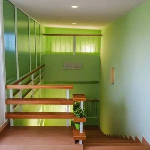 Cozy stairway with decals and nice green flower pots ,a very green and white room with some wood stairs,hallway space,stairwells,stairwell,wainscoting,outside staircase,passivhaus,wooden stair railing