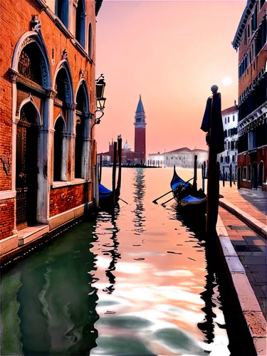 Venice scenery, historic city, Italy, waterway, gondola, San Marco Square, St. Mark's Basilica, Campanile di San Marco, ornate bridge, old stone buildings, worn brick walls, intricate canals, morning 