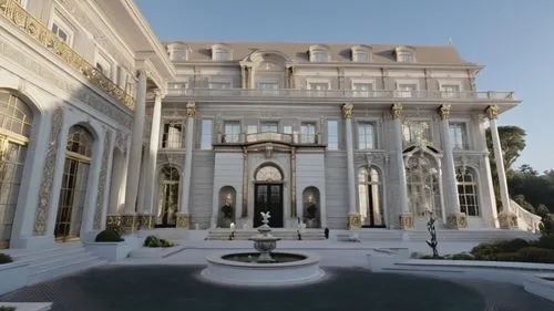 large mansion with a fountain and sculptures in front,marble palace,dolmabahce,villa cortine palace,sursock,ritzau,palladianism,Photography,General,Realistic