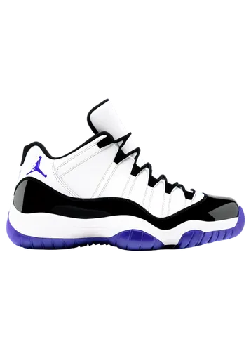 Jordan 11, low-top sneakers, white upper, Concord purple patent leather, mesh panels, Jumpman logo, black laces, metallic eyelets, rubber outsole, side profile view, detailed textures, realistic mater