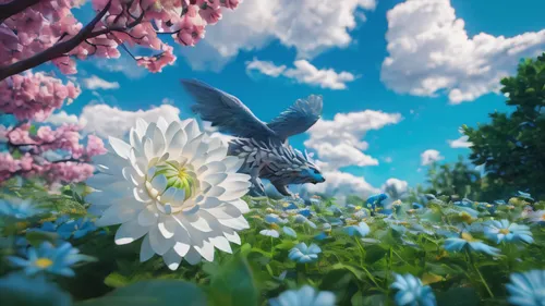 blue birds and blossom,bird flower,3d crow,flower nectar,blue bird,blooming field,flying dandelions,blue chrysanthemum,sky butterfly,spring bird,spring background,cosmos wind,bird in the sky,falling flowers,flying seed,peacocks carnation,blue buzzard,bird kingdom,springtime background,flying seeds,Photography,General,Fantasy