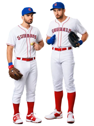 Cute pitchers, baseball uniforms, white shirts, blue pants, red caps, athletic builds, muscular arms, gloves, baseballs, sweaty faces, focused expressions, daytime, sunny weather, 3/4 composition, sha