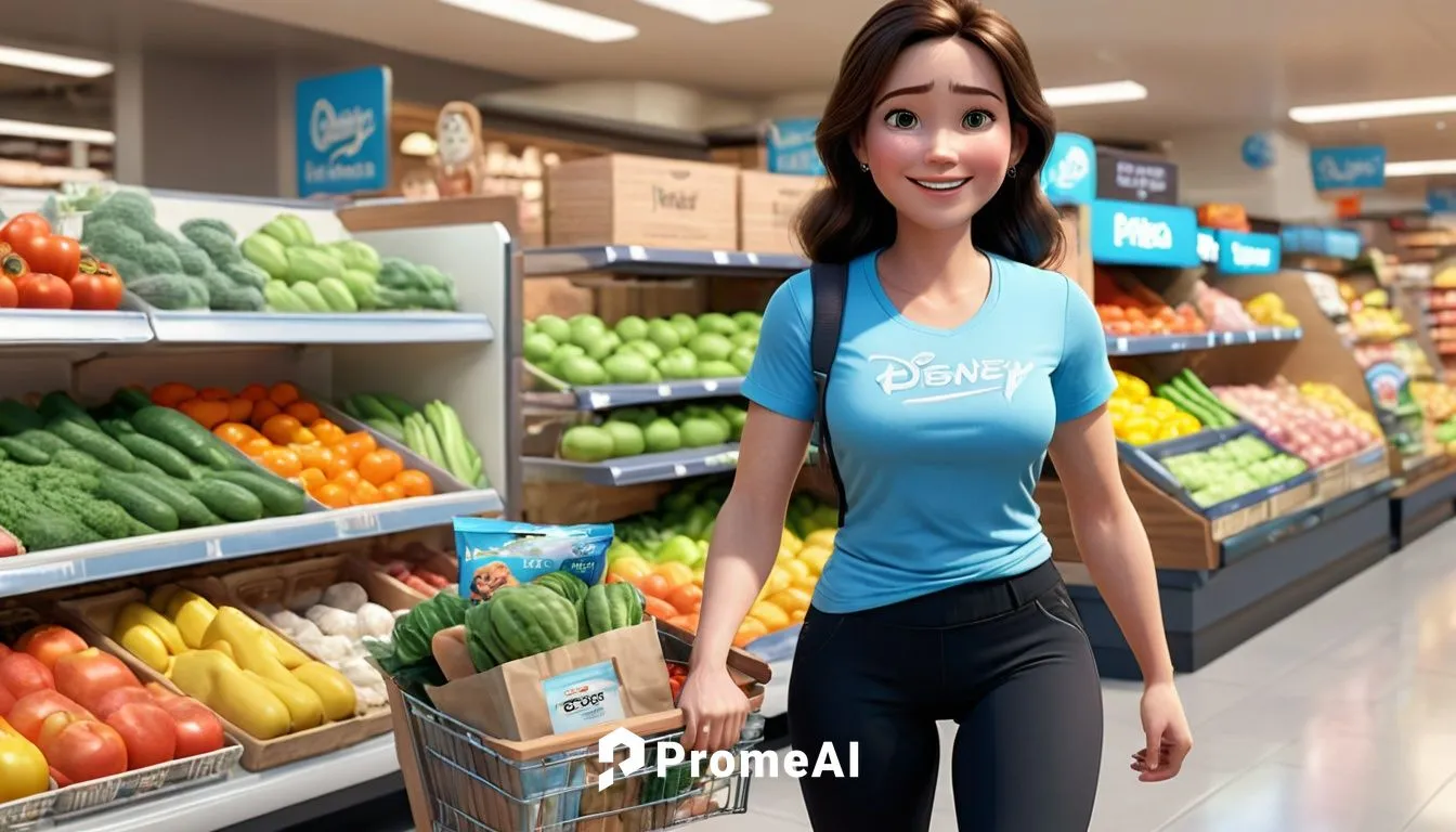 Create full body, 3D image of Jennifer, a 40-year-old woman with black eyes and dark brown hair, dressed in  a lightblue t-shirt, and black exercise trousers, with a cheerful expression on her face. J