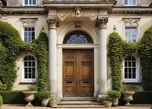 Grand, majestic 18th century English architecture, stone-built mansion, symmetrical façade, ornate details, Baroque style, grand entrance with columns, intricately carved wooden doors, large windows w