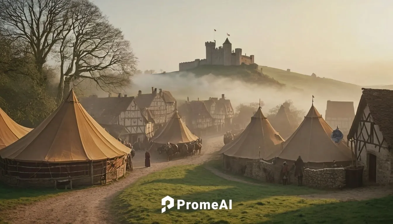 ((cinematographic image of a very close small medieval village)) on a hilly countryside in great britain, golden hour, warm lighting, volumetric light, haze, foggy field, smoke, (medieval era), mediev