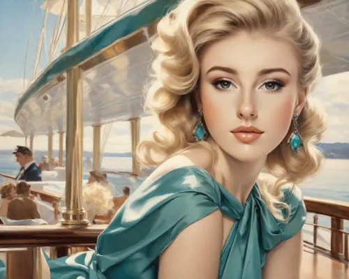 girl on the boat,emile vernon,the blonde in the river,blonde woman,romantic portrait,world digital painting,marylin monroe,royal yacht,girl on the river,marylyn monroe - female,the sea maid,at sea,vintage art,vintage makeup,vintage woman,mamie van doren,marina,fashion illustration,scarlet sail,maritime