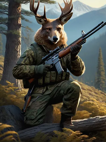 hunter with rifle, various calibers, scoped, camouflage outfit, stalking, deer, bear, moose, fox, rabbit, duck, silent, forest, grassland, mountainous terrain, dusk, dawn, natural light, clear weather