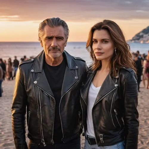 A mature man in a black leather jacket with a young cute woman with long brown hair in a black leather jacket next to him, attends a rock concert on the beach in Cannes in the sunset.. Rock atmosphere