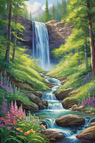 Paint a serene illustration of a cascading waterfall in a tranquil meadow.,landscape background,mountain stream,mountain spring,forest landscape,nature landscape,brook landscape,forest background,salt