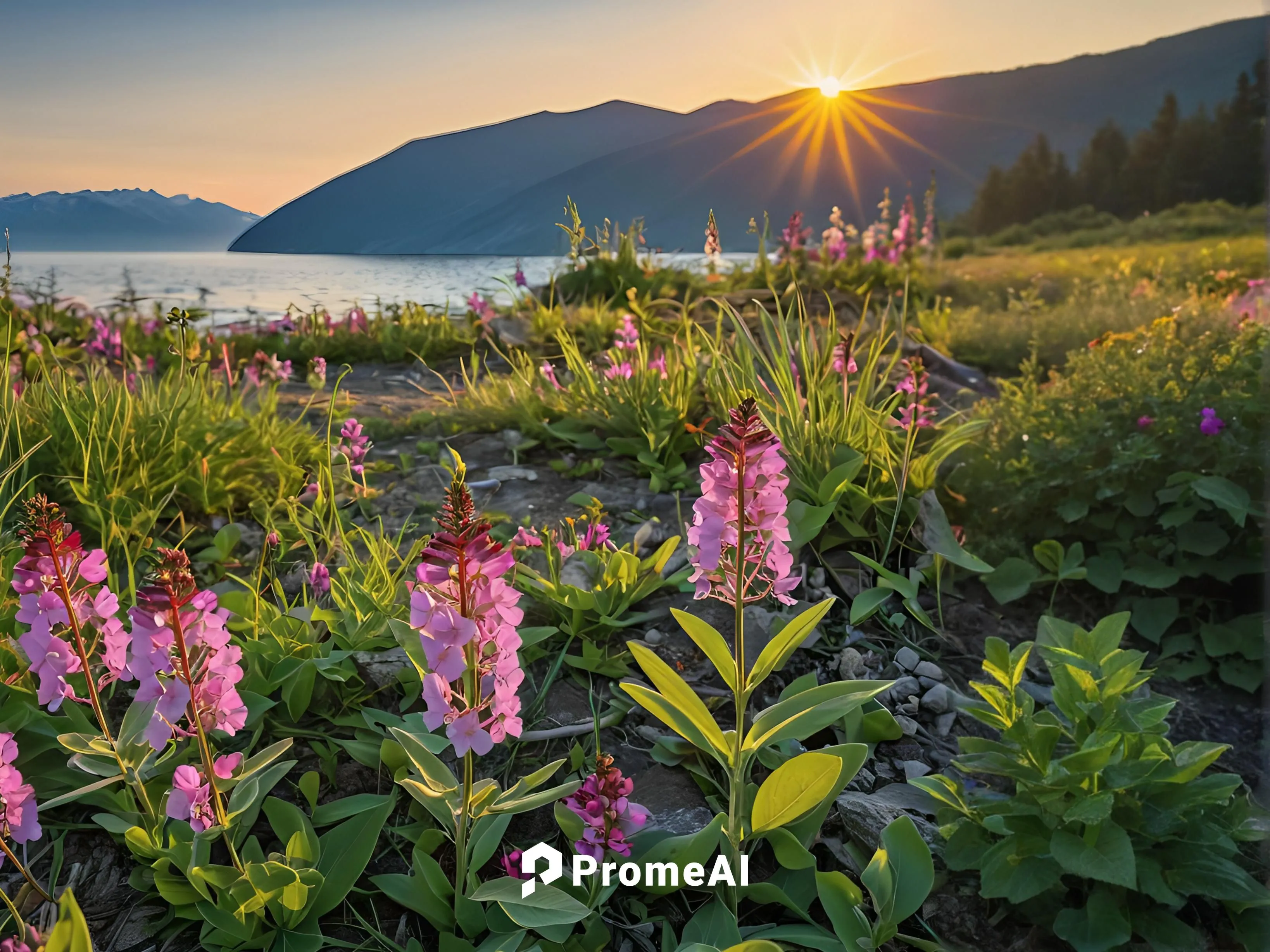 the first morning greets us with cool sunshine and flowers.,lupines,the valley of flowers,fireweed,alpine meadow,alpine flowers,british columbia,alpine meadows,foxgloves,flower in sunset,mountain mead