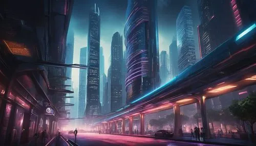 Futuristic Els architecture, sleek metallic skyscraper, curved lines, neon lights, vibrant cityscape, bustling metropolis, night scene, atmospheric fog, 3/4 composition, low-angle shot, dramatic light