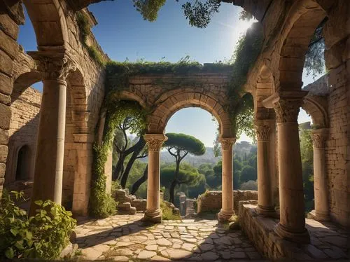 Ancient Roman architecture, arches, columns, ornate carvings, marble, stone, grandeur, historical, ruins, ancient civilization, Mediterranean, warm sunlight, dramatic shadows, intricate details, weath