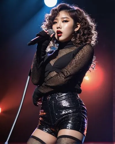 Korean female artist, idol, solo, (20yo), beautiful detailed eyes, thick eyeliner, curly brown hair, bold lip makeup, stage outfit, shiny fabric, glittery top, high-waisted shorts, fishnet stockings, 