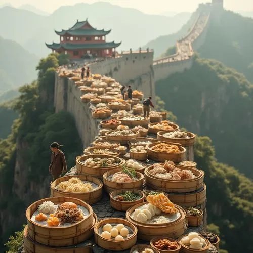 Imagine the Great Wall of China constructed from steaming bamboo baskets of dim sum, stretching across the landscape. Dumplings, buns, and spring rolls form the sturdy wall, while travelers walk along