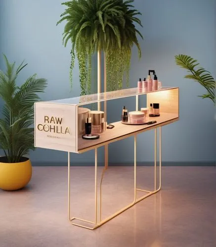 cosmetics counter,shower bar,dressing table,product display,beauty room,reich cash register,gold bar shop,writing desk,bar counter,vitrine,bazaar,women's cosmetics,desk organizer,cart with products,kitchen cart,paper stand,cosmetics,salt bar,cabana,shoe cabinet,Photography,General,Realistic