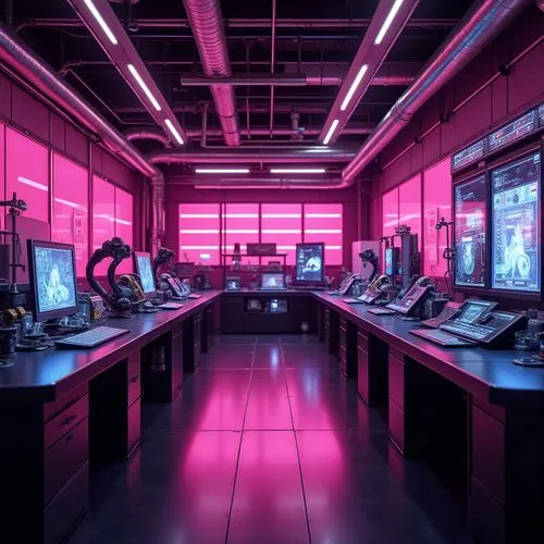 Futuristic high-tech laboratory, magenta accent walls, neon lights, metallic machinery, holographic screens, sleek black countertops, chrome pipes, robotic arms, futuristic computers, wires and circui