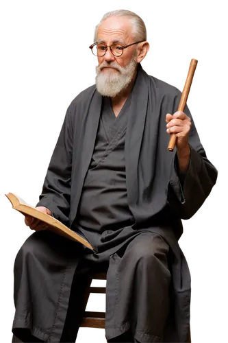 Wise old man, solo, (60yo), long white beard, glasses, wise eyes, wrinkles, brown hair, simple robe, wooden staff, book in hand, sitting, serene, warm lighting, cinematic composition, shallow depth of