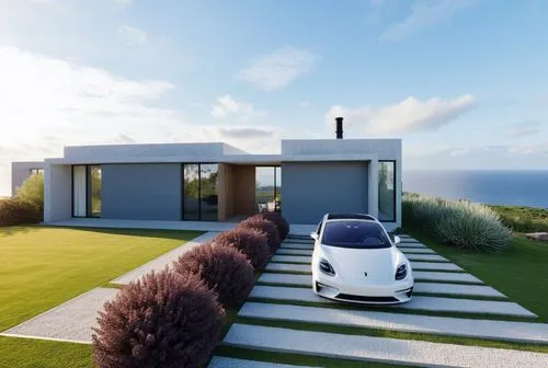 Respetar la imagen,a car is parked in front of the house,smart home,electrohome,smart house,electric mobility,cleantech,electric charging,Photography,General,Realistic