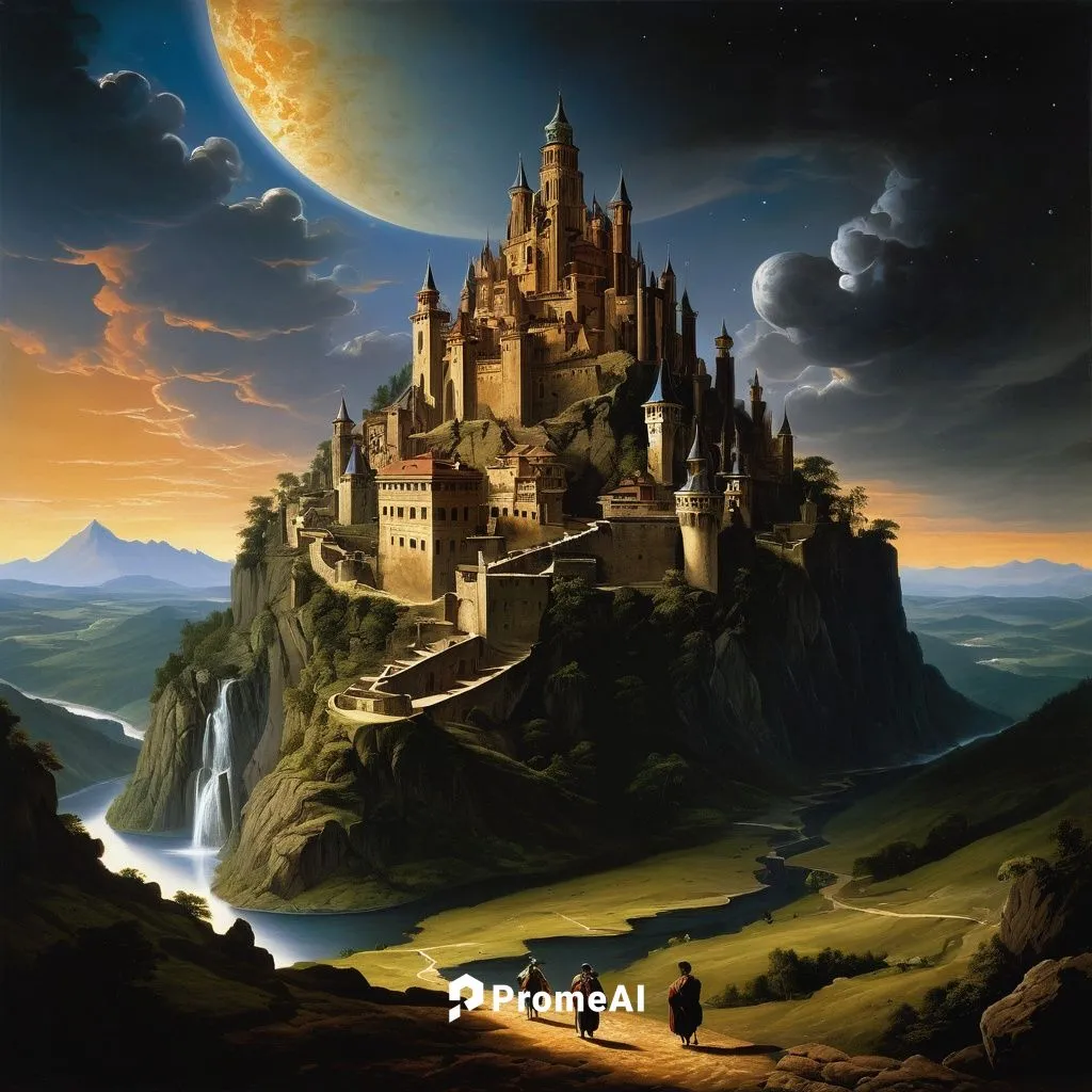 In this otherworldly landscape, colossal castles glide across immense mountains, their grandeur matching the vastness of the surroundings. Crystal-clear rivers flow from these castles, cascading into 