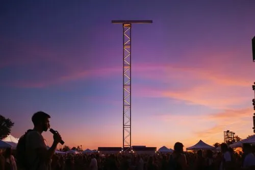 On a festival,electric tower,cellular tower,parookaville,communications tower,construction pole,cell tower,animal tower,observation tower,antenna tower,wind chime,wind chimes,loudspeakers,radio tower,