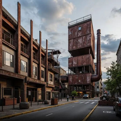 Rustic industrial setting, galvanized steel structures, metallic latticework, oxidized finish, distressed textures, urban landscape, abandoned factory, old warehouses, corrugated iron sheets, chain-li