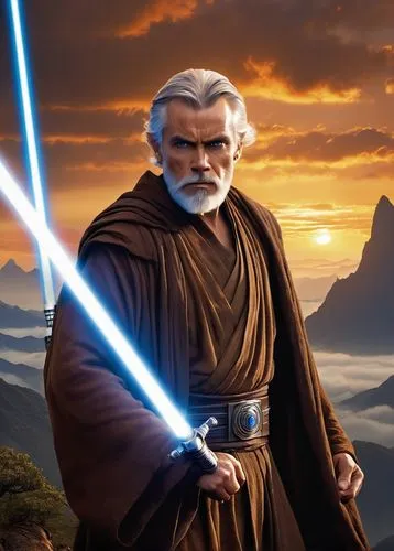 Master Skywalker, wise, powerful, strong facial features, short white beard, piercing blue eyes, worn-out brown robes, torn sleeves, Jedi Master symbol on chest, holding a lightsaber, standing heroica