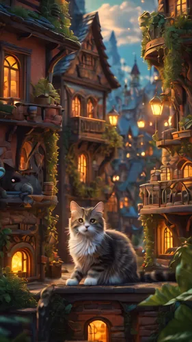 Cat city, Cartoon style, ein Traumstadt für alle Katzen, 4k,  video in 10 secunden länge,fantasy picture,cheshire,aurora village,meteora,fantasy landscape,world digital painting,cat's cafe,mountain se