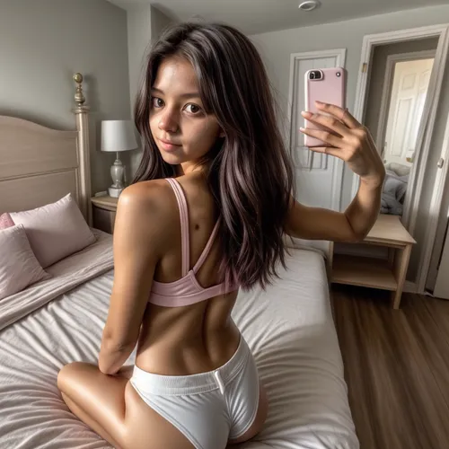 Back shot.   A cat sits on the bed in the room.  She is in front wearing shorts and a pink top.  Taking a selfie of herself.,phuquy,asian girl,petite,natashquan,huynh,filipina,bedroom,girl making self