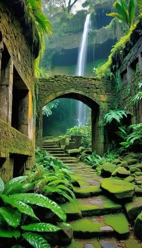 green waterfall,gondwanaland,vietnam,yavin,fairy village,shaoming,abandoned place,japan garden,matthiessen,verdant,ubud,amazonica,abandoned places,levada,moss landscape,azorean,green wallpaper,azores,biopiracy,korowai,Art,Artistic Painting,Artistic Painting 42