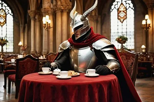 ivan-tea,knight armor,tea,tea zen,espresso,café au lait,cappuccino,mocaccino,tea time,a cup of tea,excalibur,espressino,tea drinking,tea service,magistrate,macchiato,chef,caffè americano,afternoon tea,hors d'oeuvre,Illustration,Realistic Fantasy,Realistic Fantasy 14