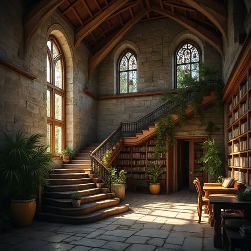 inglenook,old library,reading room,staircase,library,bookcases,bookshelves,stone stairs,study room,dandelion hall,staircases,stone stairway,winding staircase,nook,herbology,upstairs,stairs,celsus library,diagon,outside staircase,Photography,General,Realistic