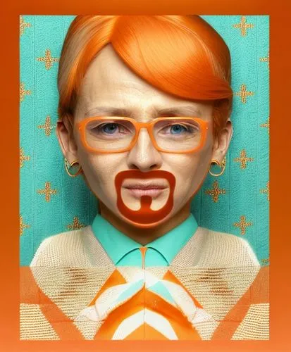 46 year old French aristocrat, blond-red hair, turquoise fine wool sweater, light orange rimmed eyeglasses, white collar,tilda,girl-in-pop-art,pop art woman,woman face,gingerbread girl,cool pop art,po