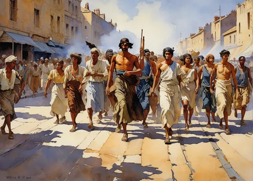 ancient parade,pilgrims,procession,dancers,apulia,hellenic,street scene,the pied piper of hamelin,group of people,promenade,the market,people walking,way of the cross,peoples,woman walking,ancient people,italian painter,people on beach,hellas,pedestrians,Illustration,Paper based,Paper Based 23