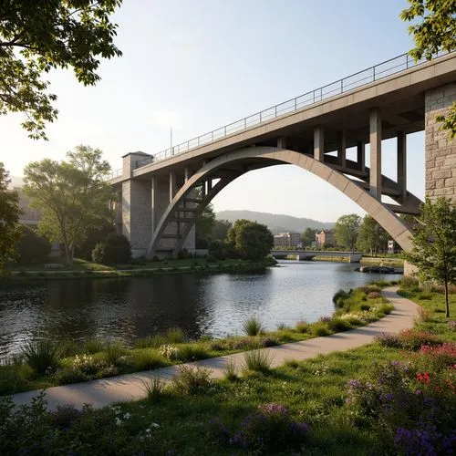 Majestic bridge structure, harmonious landscape integration, serene water reflections, lush greenery, vibrant wildflowers, meandering pedestrian paths, scenic overlooks, natural stone abutments, steel