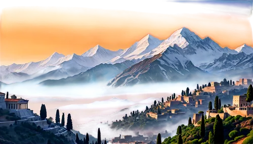 tirith,gondolin,fantasy landscape,himalaya,erebor,mountainous landscape,mountain scene,mountain village,mountain landscape,karakorum,world digital painting,himalayans,alpine landscape,mountain settlement,himalayas,roerich,futuristic landscape,high alps,mountains,everest region,Conceptual Art,Fantasy,Fantasy 23