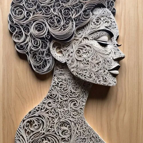 Lady made of ash,a woman made of paper with intricate designs on it,paper art,wood carving,wood art,woman sculpture,wire sculpture,carved wood,metal embossing,woodcarving,spiral art,phleger,png sculpt