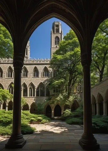 Fordham University, Gothic Revival style, grandiose building, stone walls, stained glass windows, ribbed vaults, pointed arches, intricate carvings, ornate facades, bell towers, cloisters, quadrangles