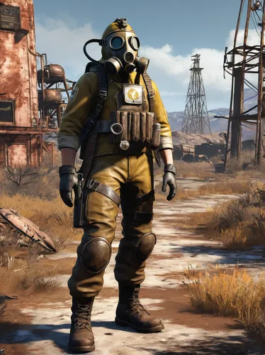 fallout4,fallout,wasteland,fresh fallout,hazmat suit,respirator,respirators,post apocalyptic,gas mask,metal rust,beekeeper's smoker,chemical plant,erbore,beekeeper,welder,diving helmet,pollution mask,combat medic,post-apocalyptic landscape,aquanaut,Conceptual Art,Oil color,Oil Color 10