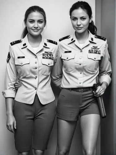 Black and white high resolution photography: The female soldiers walk side by side and appear relaxed, despite being in a military environment. They exchange warm smiles, showing their close friendshi